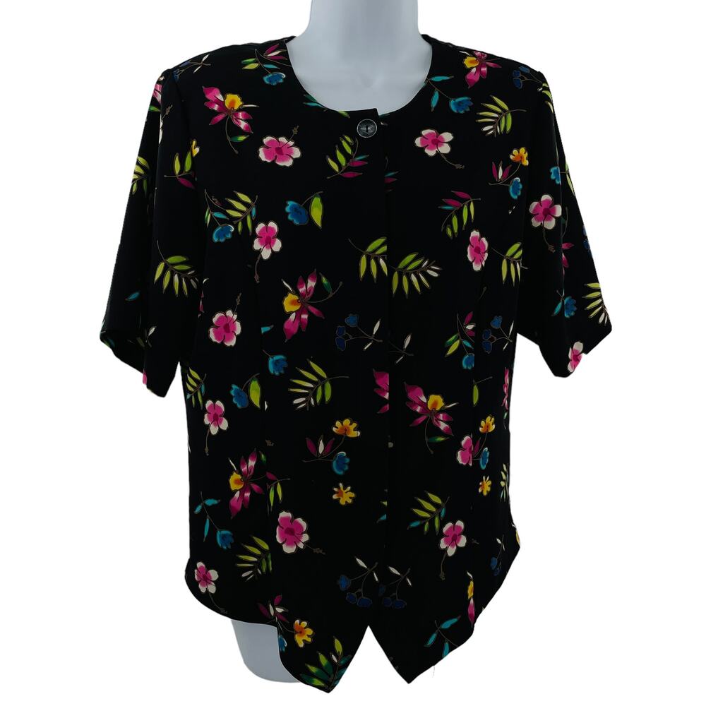 Christie & Jill Vintage Black Neon Floral Silky Short Sleeve Button Down Top 10T